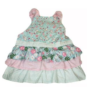 Child’s Girls Kitchen Apron Pink Teal White Cotton Bunnies Flowers Feminine